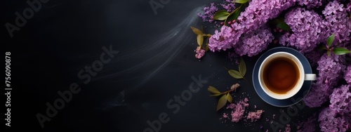 Morning coffee cup with bouquet of lilacs on dark textured background. Hot drink with spring flowers. Romantic breakfast for Women's or Valentine day. Flat lay, top view with copy space