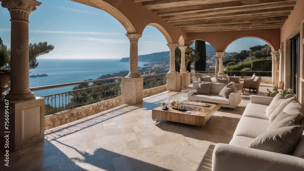 Fototapeta premium Exquisite mansion perched on the serene shores of the French Riviera, offering sweeping views of the azure Mediterranean and private terraces overlooking the coastal beauty