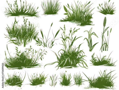 green grass in various shapes and sizes, from single blades to full bunches