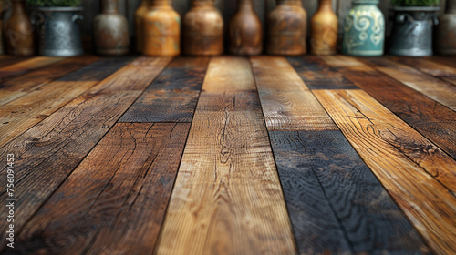 wooden floor with pots afar  photo