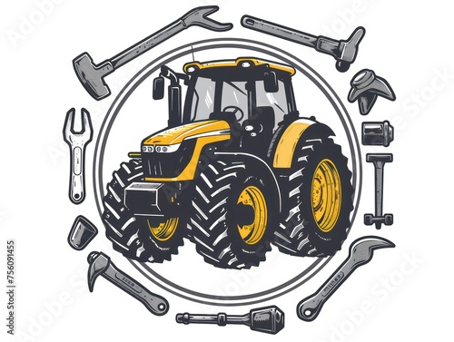 tractor centered in a simple black circle on a white background  tools such as hammers  wrench