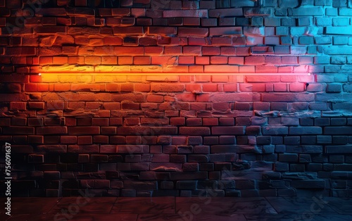 neon light on brick walls that are not plastered background and texture, lighting effect orange and blue neon background