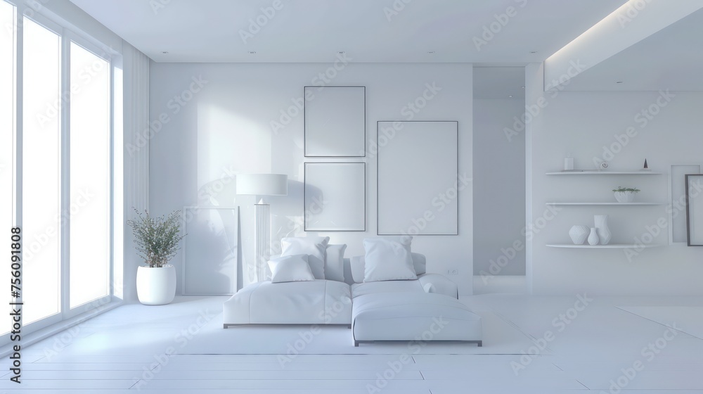 total white and empty modern home with decorated walls lamps, frames and shelves total white and empty modern home with decorated walls lamps, frames and shelves
