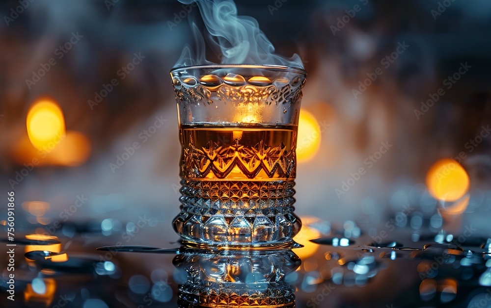 Close-up of a glass of Turkish raki isolated in a subtle smoke aura hovering in the background. Glass of raki liqueur with grape and anise flavor.