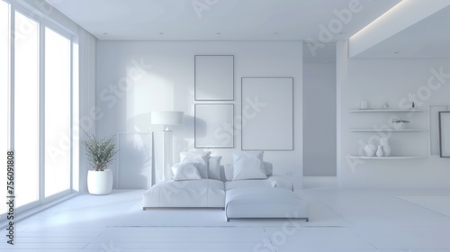 total white and empty modern home with decorated walls lamps, frames and shelves