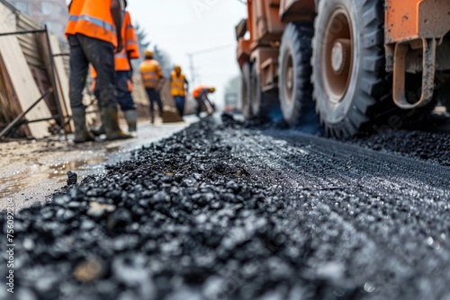 Workers in orange vests repairing road, worker with shovel on asphalt © InfiniteStudio
