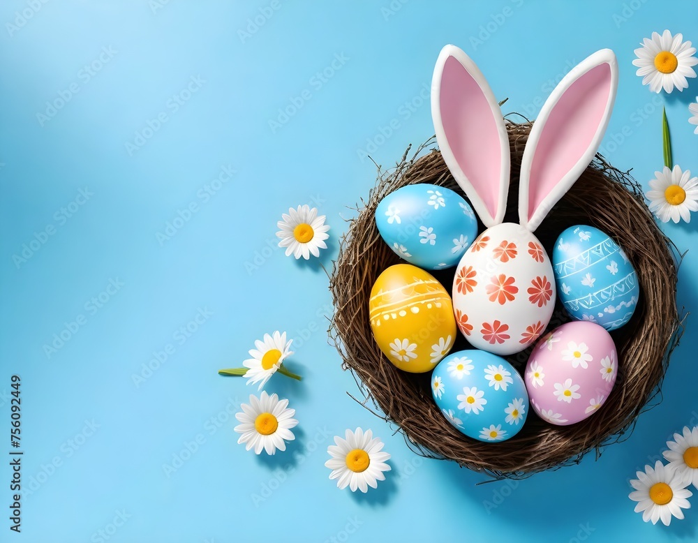 Easter eggs in a basket, blue background 