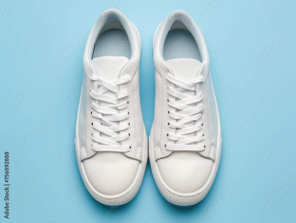 White sneakers displayed stylishly from a top view against a light blue backdrop. White sneakers displayed stylishly from a top view against a light blue backdrop.