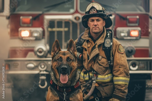 Firefighter with dog in front of fire engine
