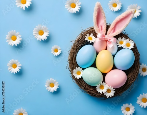 Easter eggs in a basket  blue background 