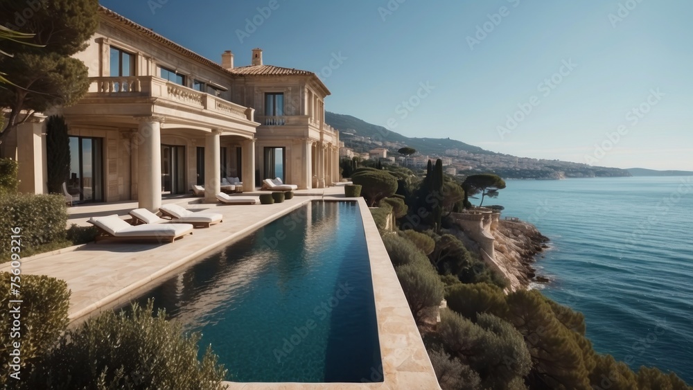 Fototapeta premium Exquisite mansion perched on the serene shores of the French Riviera, offering sweeping views of the azure Mediterranean and private terraces overlooking the coastal beauty