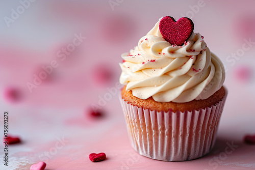 Cupcake with cream cheese frosting and sugar hearts on pink background. Valentine's day or birthday dessert. Festive food for wedding or baby shower. Banner with copy space