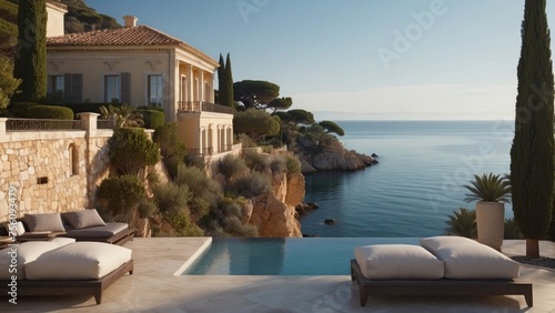 Exquisite mansion perched on the serene shores of the French Riviera  offering sweeping views of the azure Mediterranean and private terraces overlooking the coastal beauty