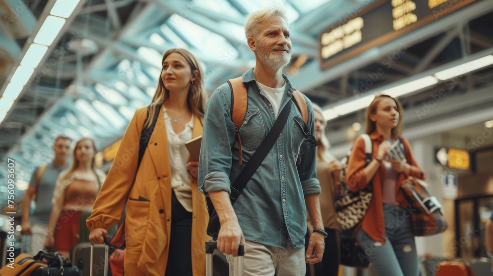 Diverse business professionals walking in airport concourse with luggage, vibrant wayfinding signs Diverse business professionals walking in airport concourse with luggage, vibrant wayfinding signs