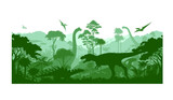 Vector prehistoric seamless jungle background with dinosaurs: Albertosaurus, Kentrosaurus, triceratops, brontosaurus and pterodactyl 