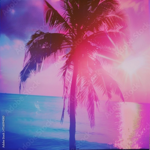 Retro summer Instagram texture background with palm trees, sun and  ocean. 1980s polaroid vintage style look. Miami dance party vibes. 