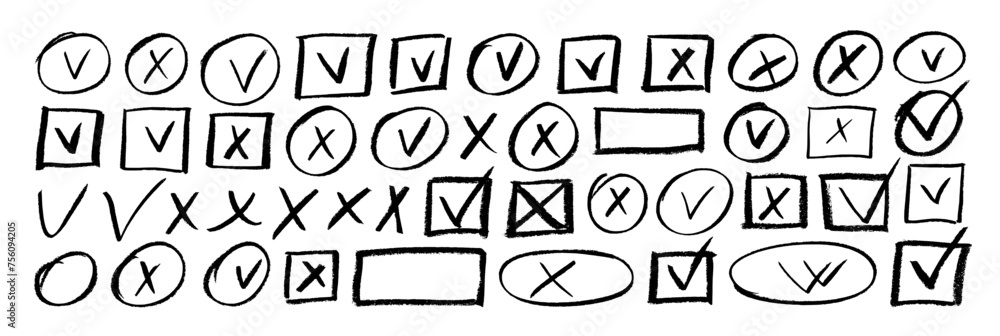 Hand drawn charcoal check marks and crosses in oval or square frames. Empty and filled boxes for answers in test, confirmation or negation crayon icons. - obrazy, fototapety, plakaty 