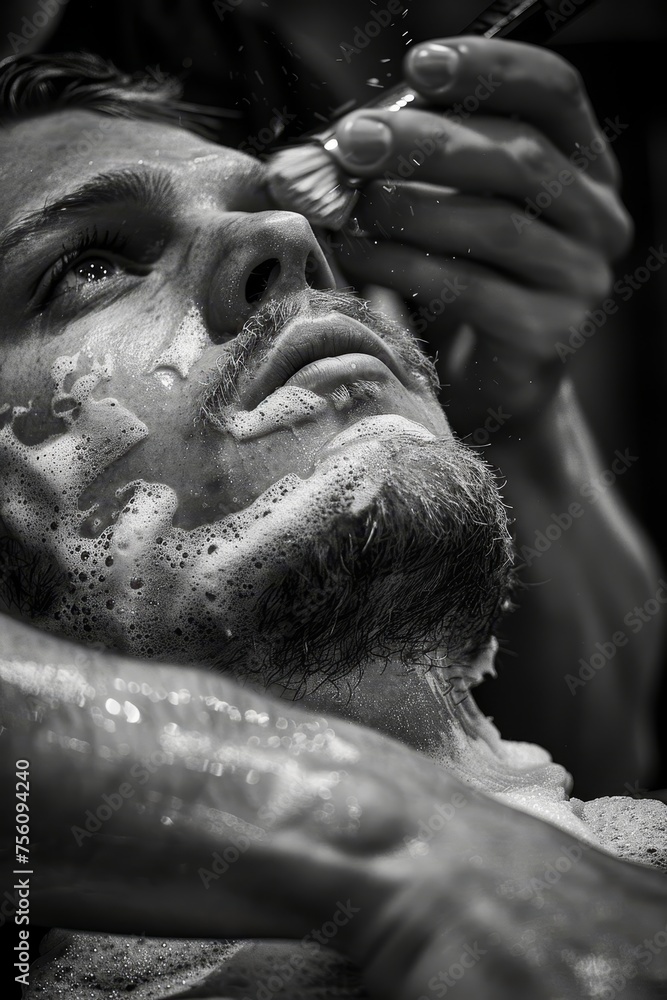Barber s skilled hands crafting sharp beard line on young man in sophisticated monochrome shop Barber s skilled hands crafting sharp beard line on young man in sophisticated monochrome shop