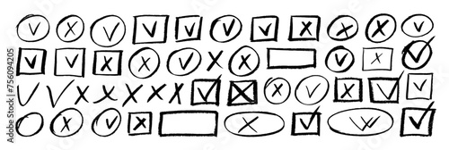 Hand drawn charcoal check marks and crosses in oval or square frames. Empty and filled boxes for answers in test, confirmation or negation crayon icons.