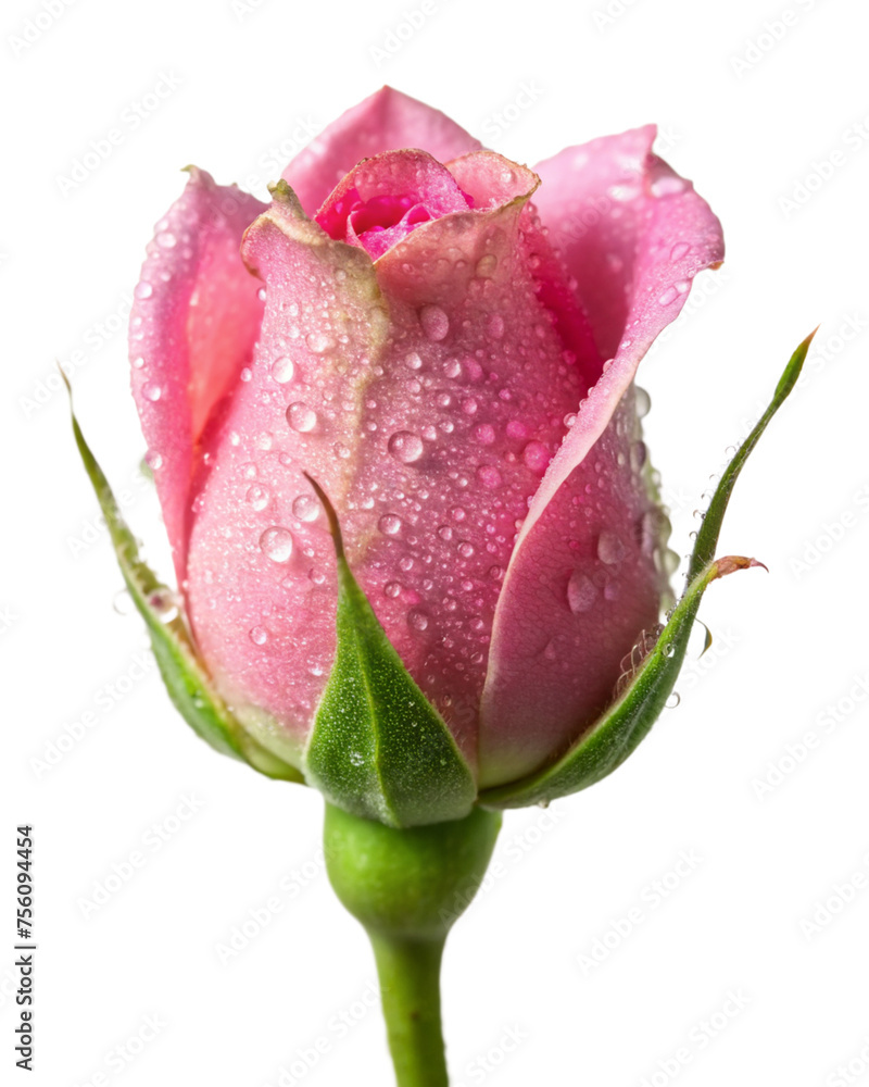 Pink rose flower bud with dew drops, isolated on transparent background Pink rose flower bud with dew drops, isolated on transparent background