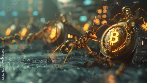 Wallpaper background of ants carrying gold Bitcoins back to their nest 