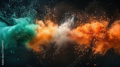 Colored powder explosion. Green, white and orange colors dust on black background. Multicolored powder splash background