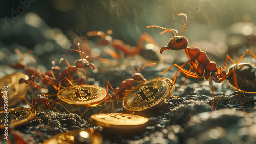 Wallpaper background of ants carrying gold Bitcoins back to their nest  photo