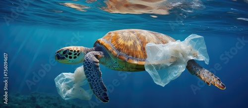 The Kemps ridley sea turtle, an electric blue reptile, is swimming underwater in azure waters with a plastic bag around its neck a tragic event in marine biology photo
