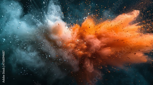 Colored powder explosion. Green  white and orange colors dust on black background. Multicolored powder splash background