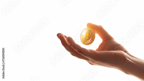 Wallpaper background of a hand catching a gold Bitcoin with a white background and backlighting