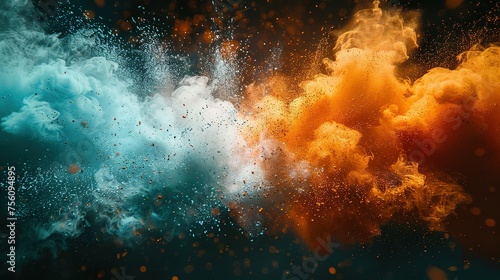 Colored powder explosion. Green, white and orange colors dust on black background. Multicolored powder splash background © Jennifer