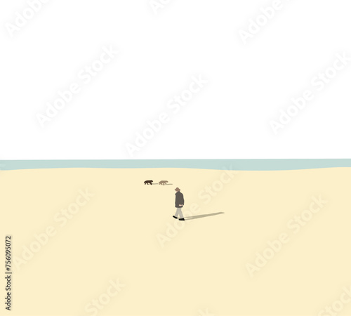 Man walking with two dog running on the beach. Pet friendly trip and outdoors adventure lifestyle. Summer vacation.