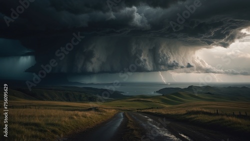Describe a tumultuous open world landscape amidst a powerful storm, where nature's fury and breathtaking views collide in a mesmerizing display