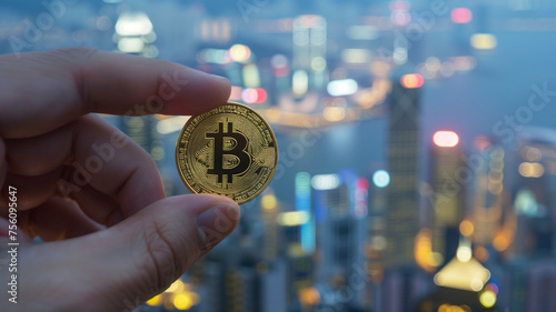 Hand holding a golden Bitcoin with Hong Kong at night out of focus in the background	 photo