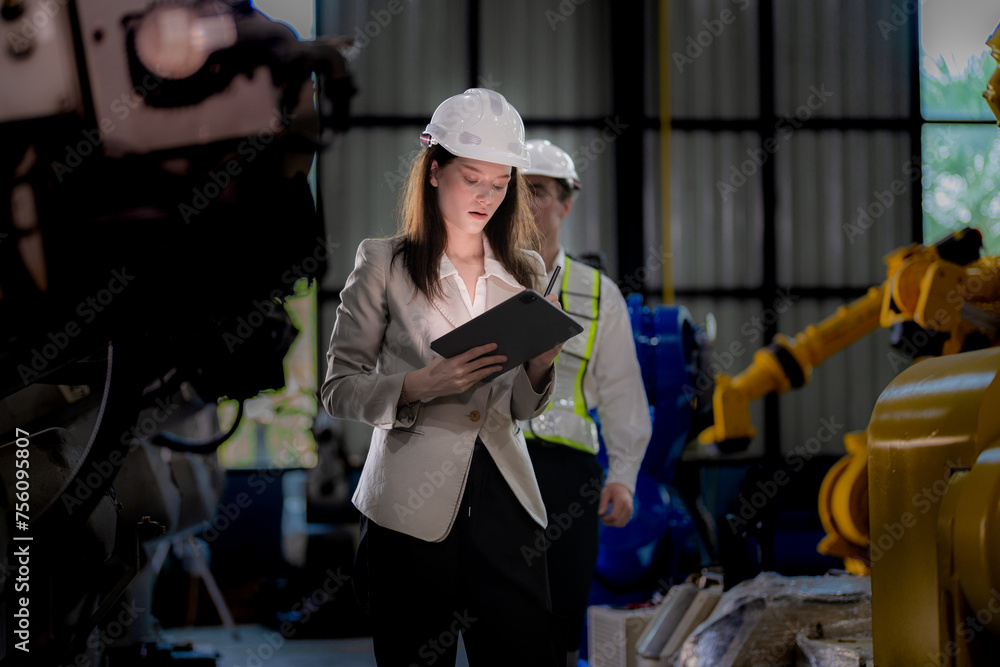 Business woman and man meeting and checking new machine robot. Engineer walking at warehouse industry machine. business negotiation concepts and technology. woman is Using smart Tablet to present man.