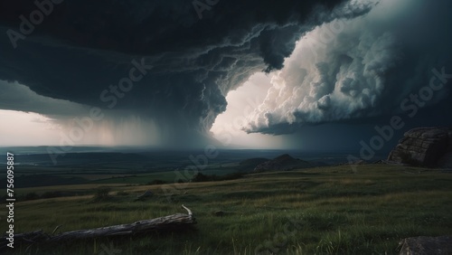 Describe a tumultuous open world landscape amidst a powerful storm, where nature's fury and breathtaking views collide in a mesmerizing display