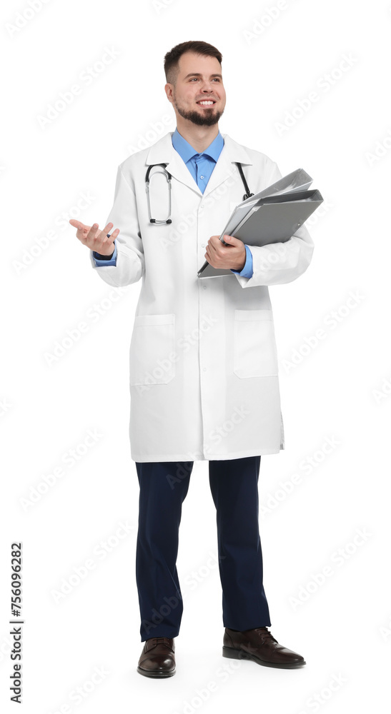Doctor in coat with folders on white background Doctor in coat with folders on white background