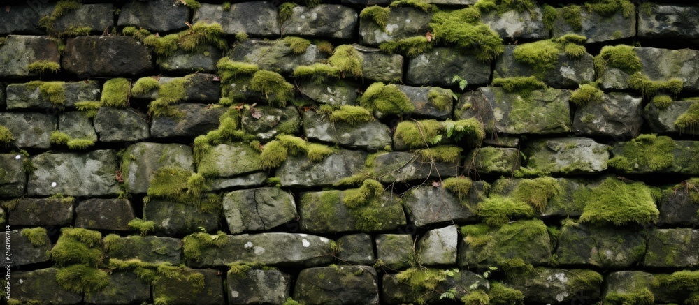 A natural landscape with a bedrock stone wall covered in moss, creating a beautiful pattern of terrestrial plant groundcover in the grassy landscape