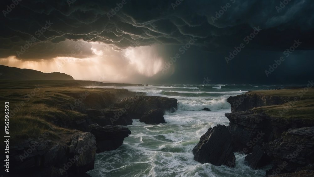 Describe a tumultuous open world landscape amidst a powerful storm, where nature's fury and breathtaking views collide in a mesmerizing display