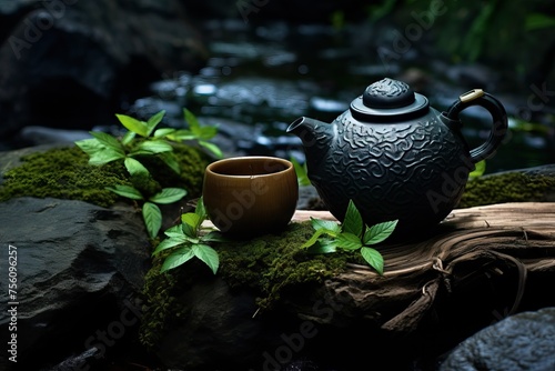 Vintage ceramic tea kettle with chinese green or ceylon black tea with beautiful mountain river on background. Hot morning drink. Travel concept. Banner with copy space