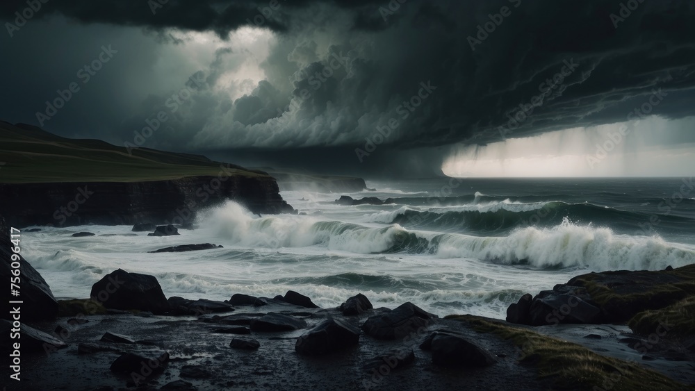 Fototapeta premium Describe a tumultuous open world landscape amidst a powerful storm, where nature's fury and breathtaking views collide in a mesmerizing display