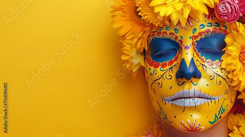 Day of the dead skeleton face painting background with space for text, ideal for celebrations