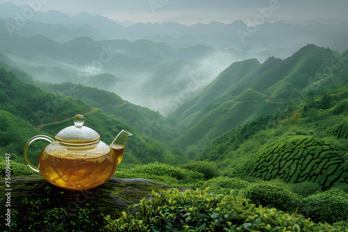 Vintage old glass tea kettle with Chinese green or black tea and plantation on background. Beautiful landscape with valley mountains. Hot morning drink. Travel concept. Banner with copy space