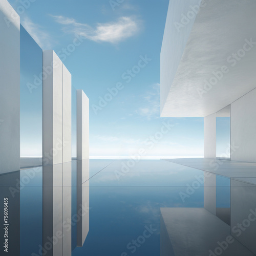A minimalist architectural design with a reflective floor, clear skies, and strong geometric lines.