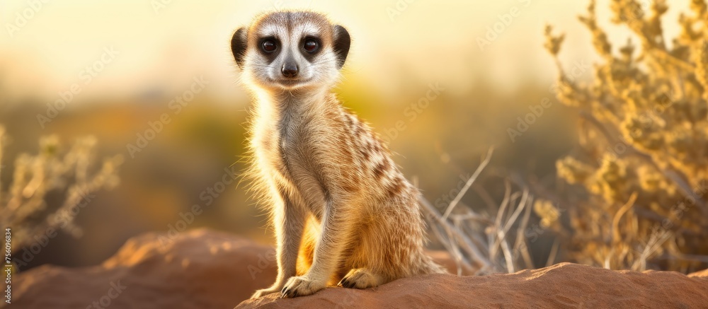 A mongoose, a terrestrial animal with fur and a distinctive snout, sits on a rock in the desert landscape. The scene is captured in macro photography for scientific observation - obrazy, fototapety, plakaty 