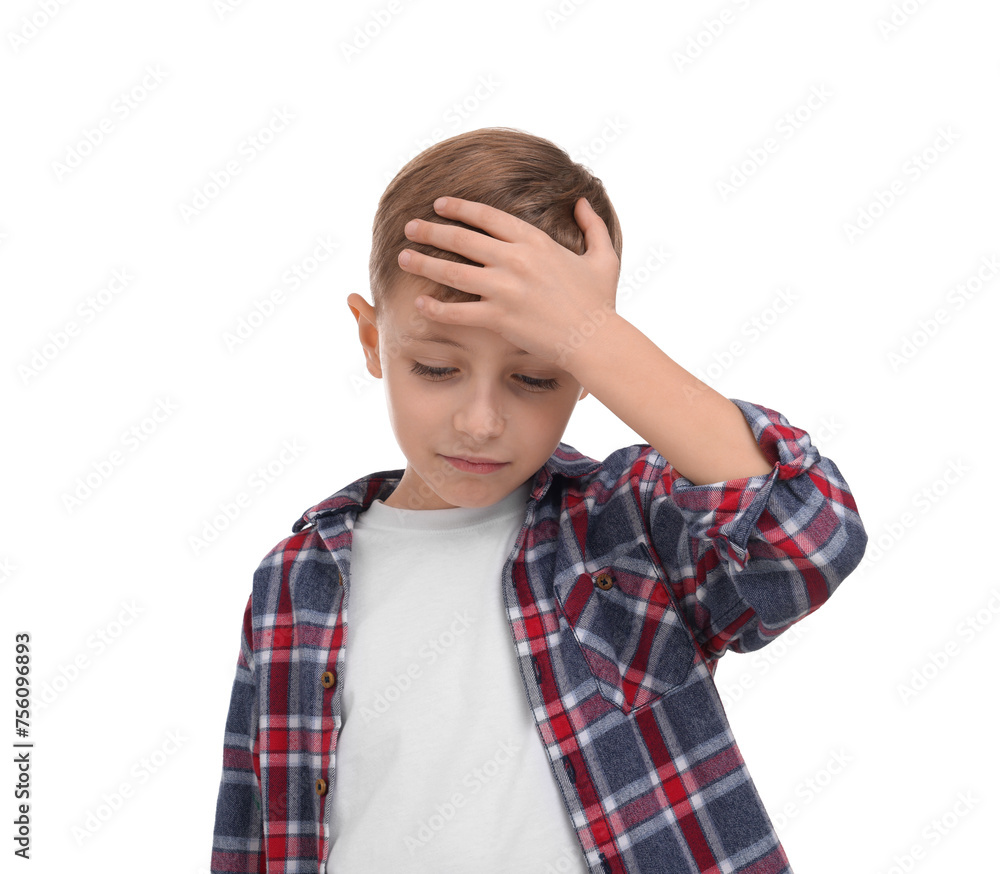 Little boy suffering from headache on white background Little boy suffering from headache on white background