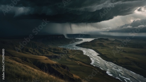 Describe a tumultuous open world landscape amidst a powerful storm, where nature's fury and breathtaking views collide in a mesmerizing display