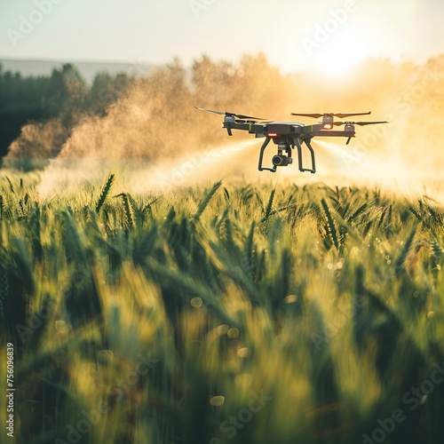 Drone Flying Over Wheat Field with Insecticide Spraying