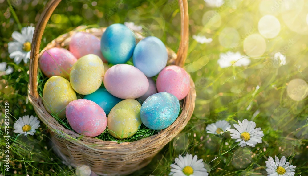 Easter eggs in easter basket in spring meadow