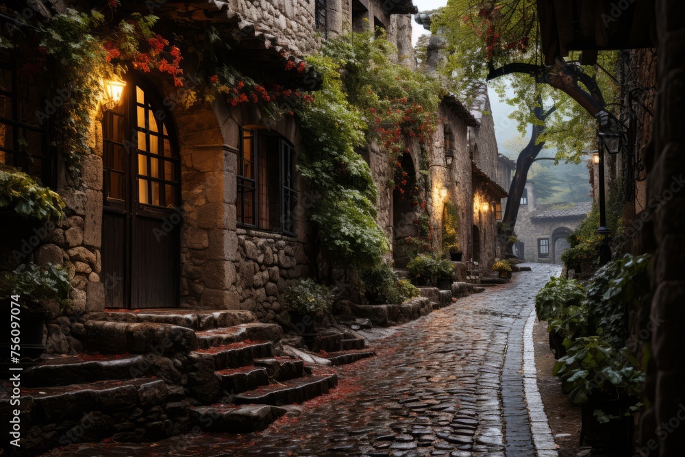 A narrow cobblestone street lined with buildings in a quaint village